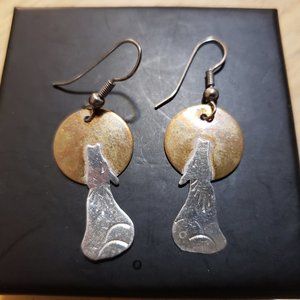 Metal Howling Coyote and Moon Earrings, Two-tone Metal, Southwest,